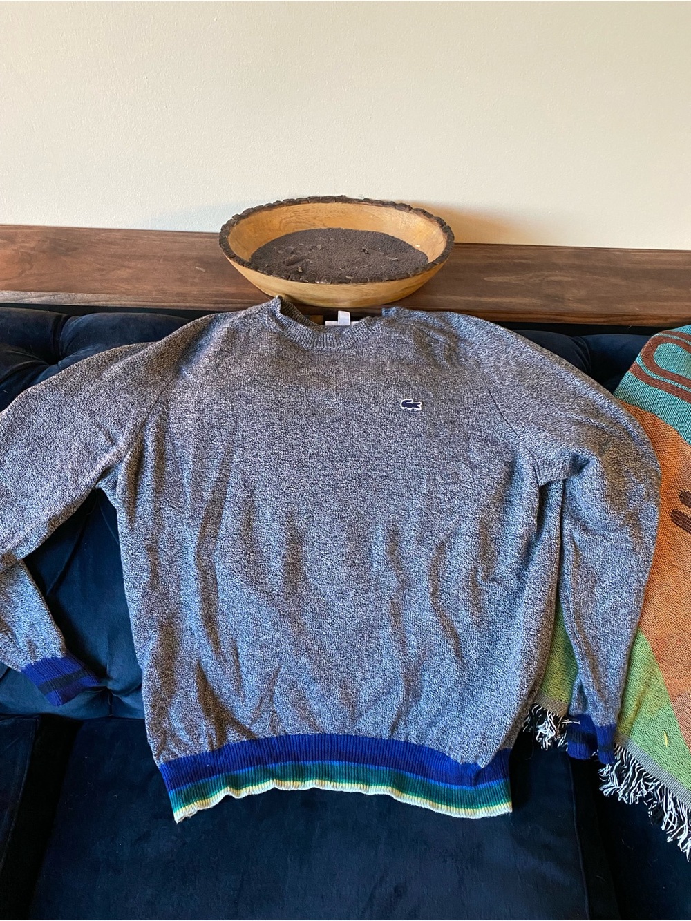 Men's Lacoste Crewneck Heather Gray Sweater with Blue Trim